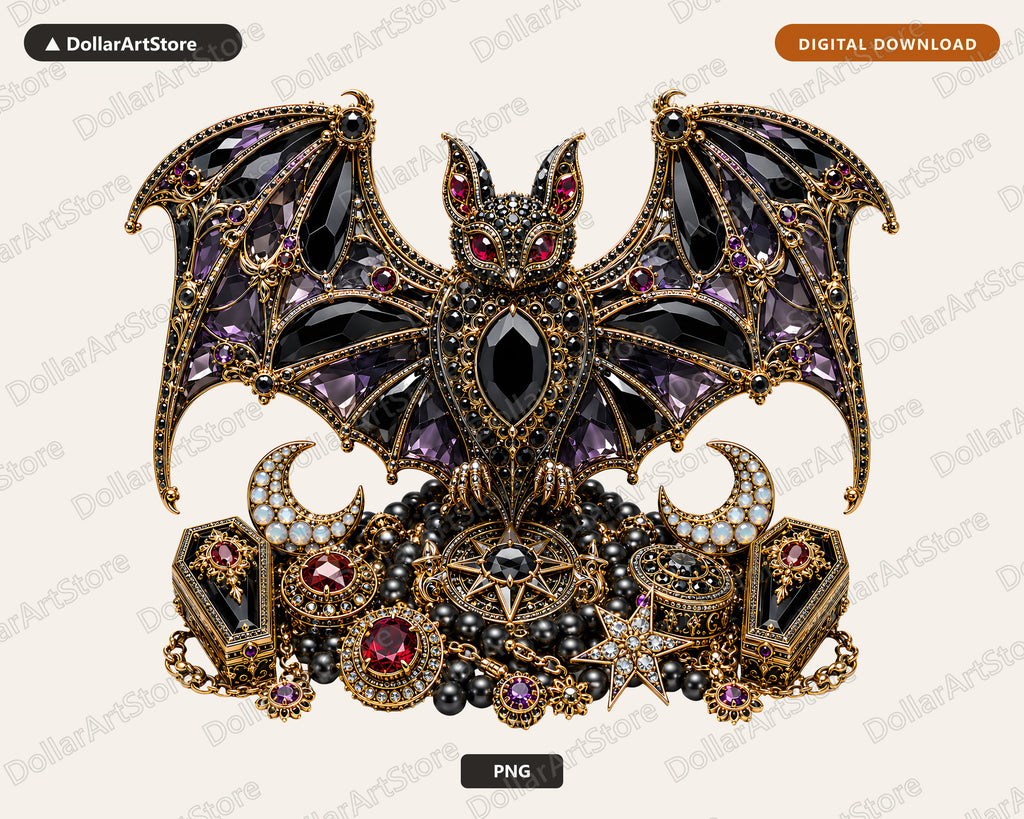 Gothic Bat PNG, Ornate Jeweled Design, Sublimation Shirt & Tumbler Print