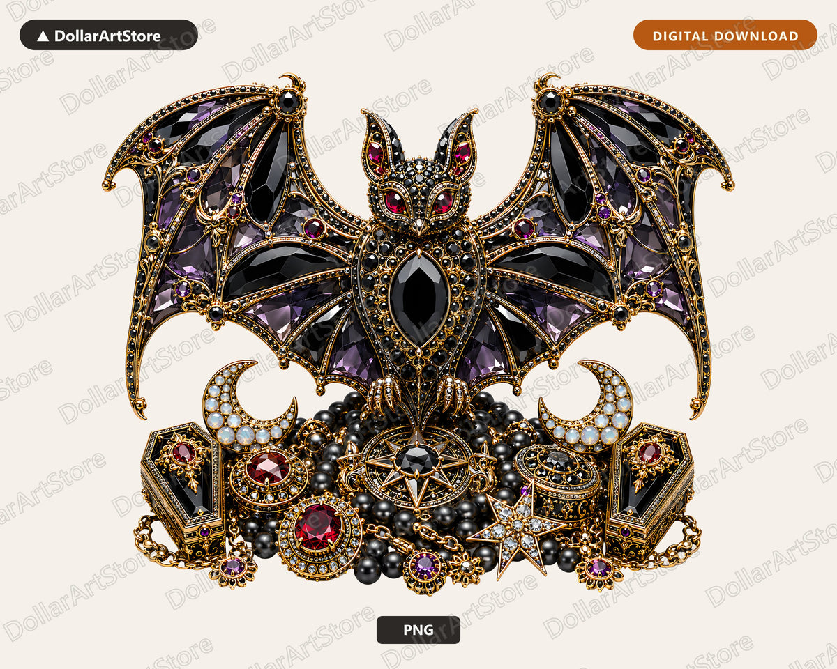 Gothic Bat PNG, Ornate Jeweled Design, Sublimation Shirt & Tumbler Print