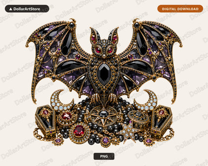 Gothic Bat PNG, Ornate Jeweled Design, Sublimation Shirt & Tumbler Print