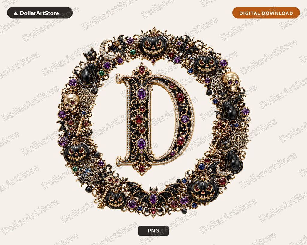 Halloween Letter D PNG, Ornate Monogram, Sublimation Design Digital Download