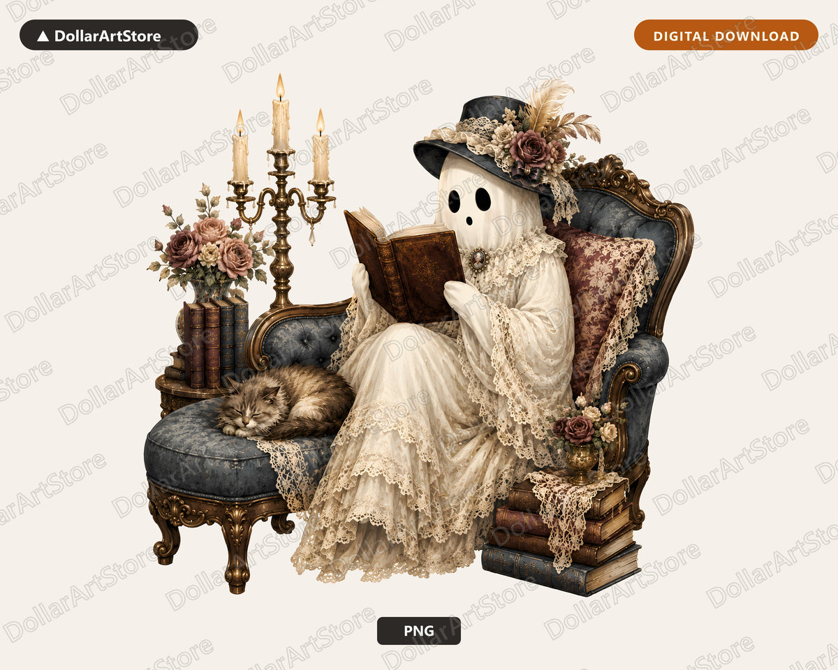 Bookish Ghost PNG, Vintage Gothic Sublimation Design, Digital Download