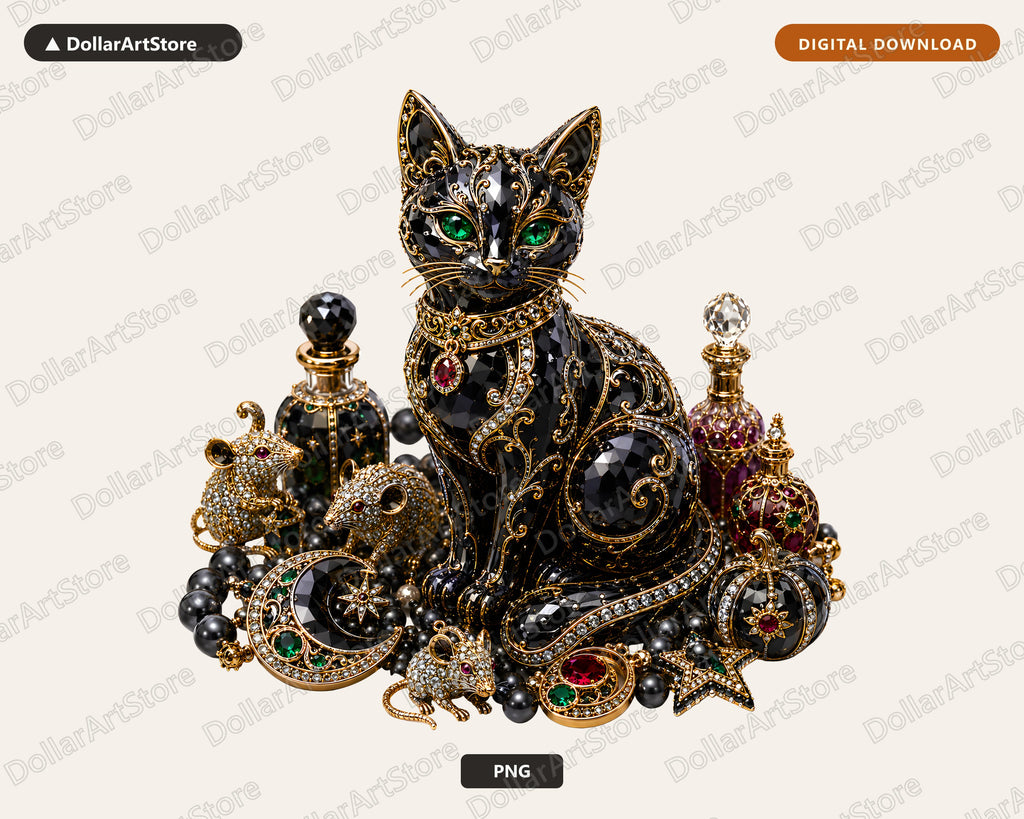 Gothic Black Cat PNG, Luxury Ornate Design, Sublimation Shirt Design Digital Download