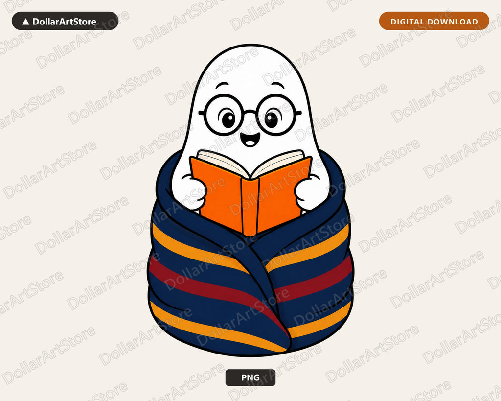 Bookish Ghost PNG, Cute Reading Character Design, Sublimation Digital Download