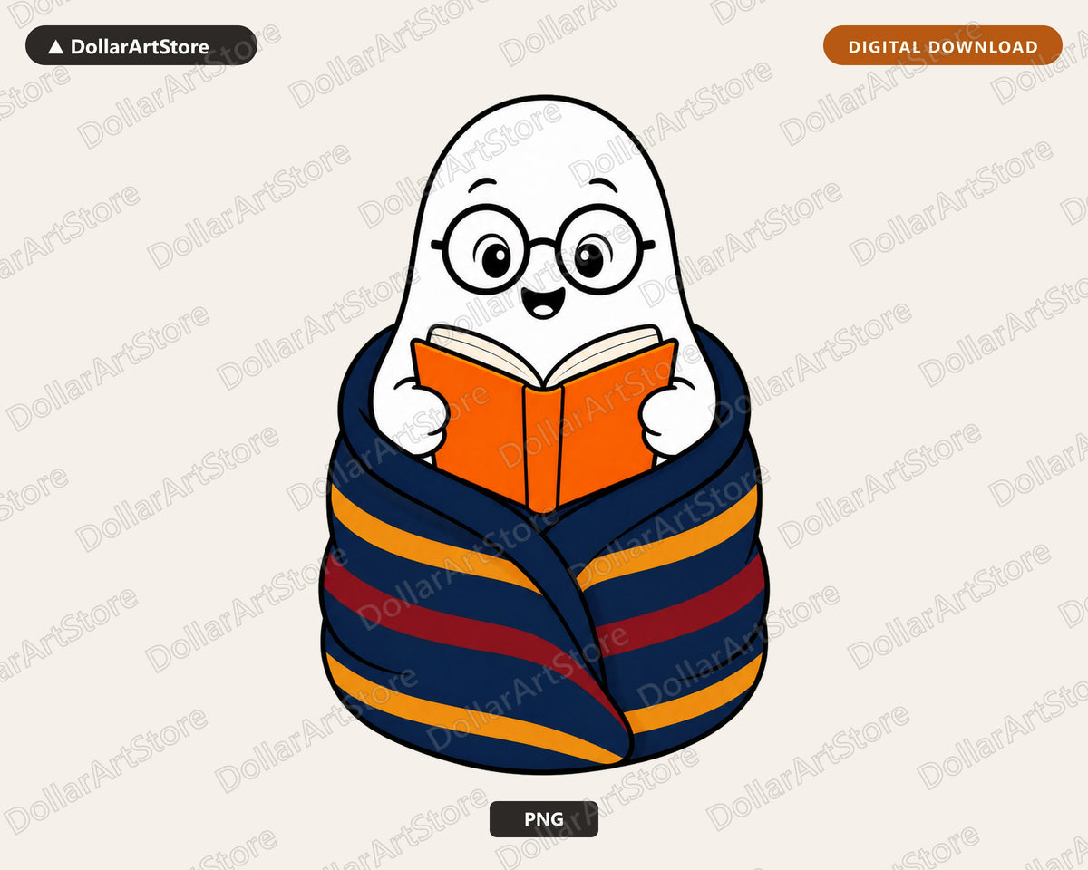 Bookish Ghost PNG, Cute Reading Character Design, Sublimation Digital Download
