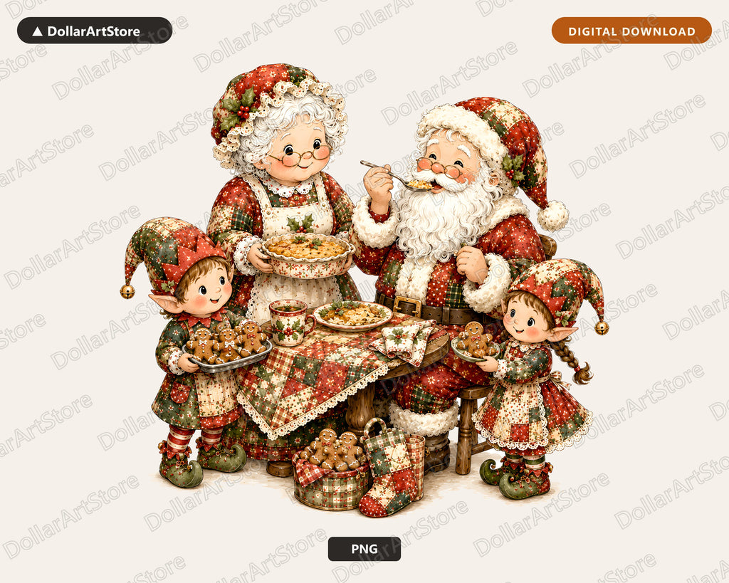 Santa Patchwork PNG, Mrs Claus Elves Christmas Sublimation Design Digital Download