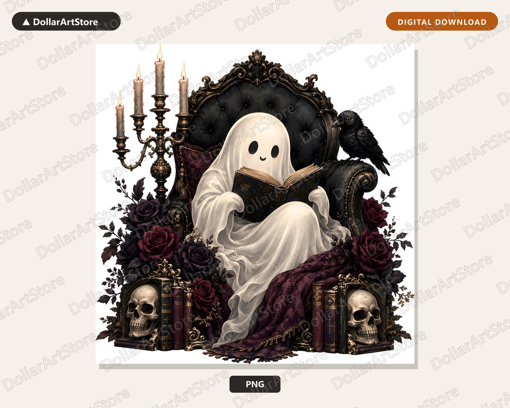 Bookish Ghost PNG, Gothic Sublimation Design, Dark Academia Shirt Print