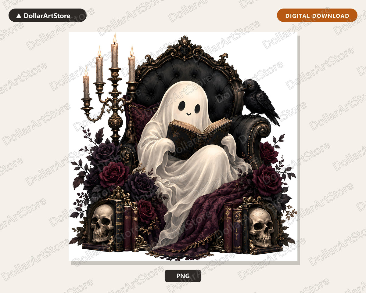 Bookish Ghost PNG, Gothic Sublimation Design, Dark Academia Shirt Print