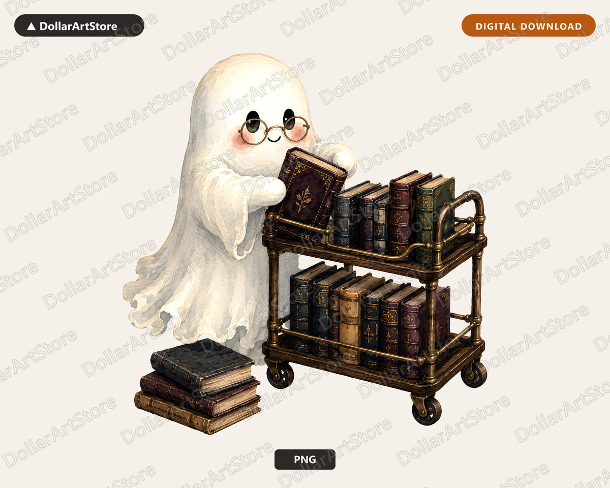 Bookish Ghost PNG Sublimation Design, Library Cart Shirt Print Digital Download