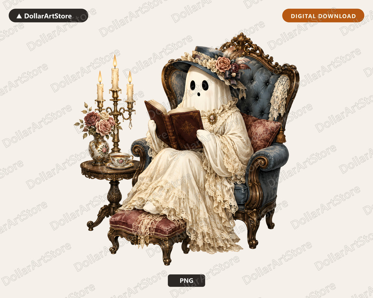 Bookish Ghost PNG, Vintage Gothic Design, Sublimation Shirt Design Digital Download