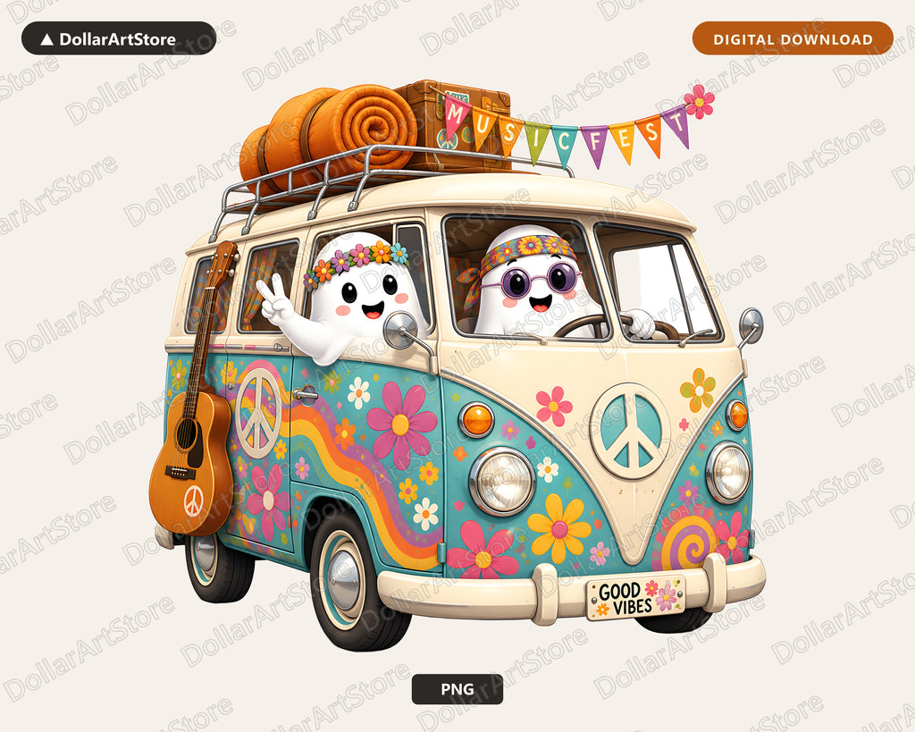 Retro Hippie Van PNG, Cute Ghost Characters, Sublimation Design Digital Download