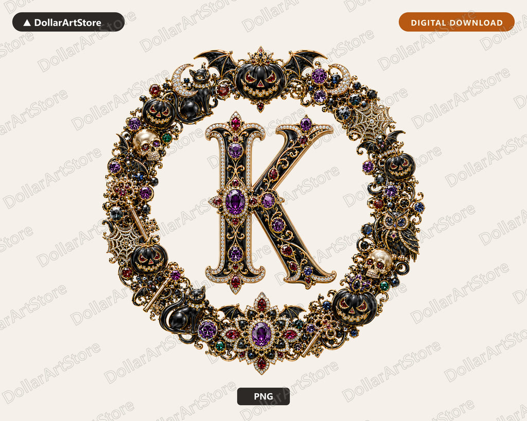 Letter K Halloween Monogram PNG, Luxury Gothic Design, Sublimation Download