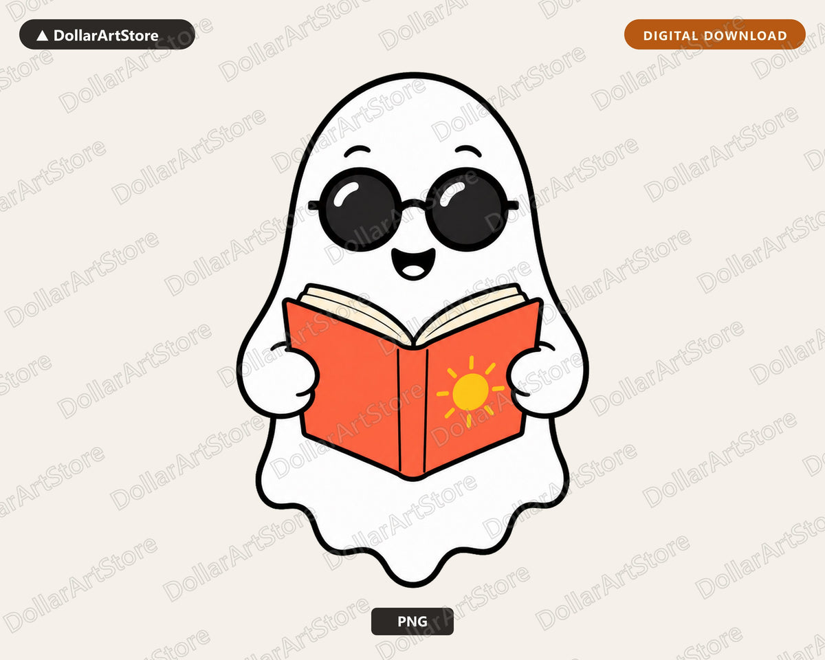 Bookish Ghost PNG, Cute Reading Character, Sublimation Design Digital Download