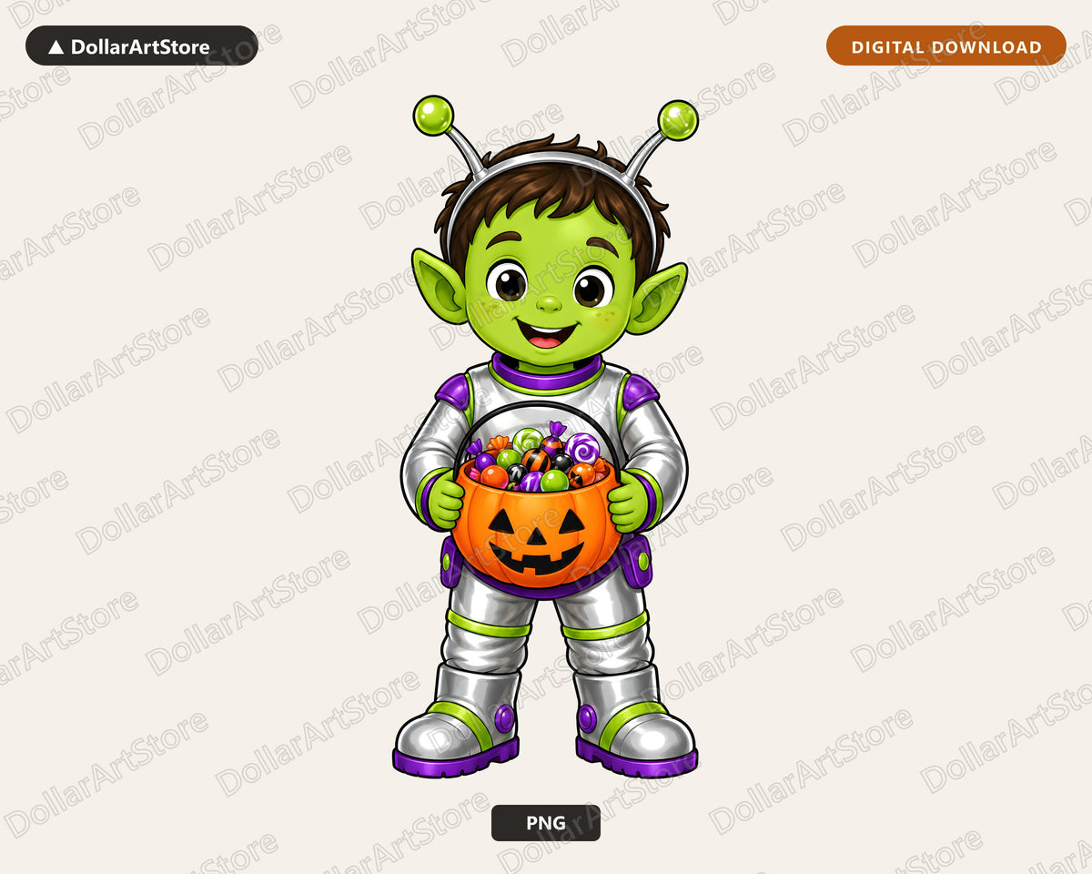 Cute Alien Trick-or-Treat Halloween PNG, Kids Costume Design, Digital Download