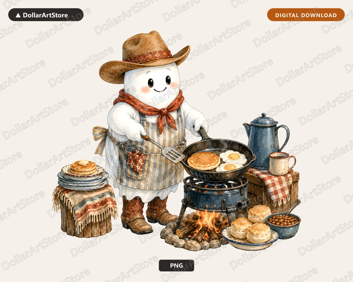 Western Cowboy Ghost PNG, Sublimation Design, Campfire Cooking Digital Download