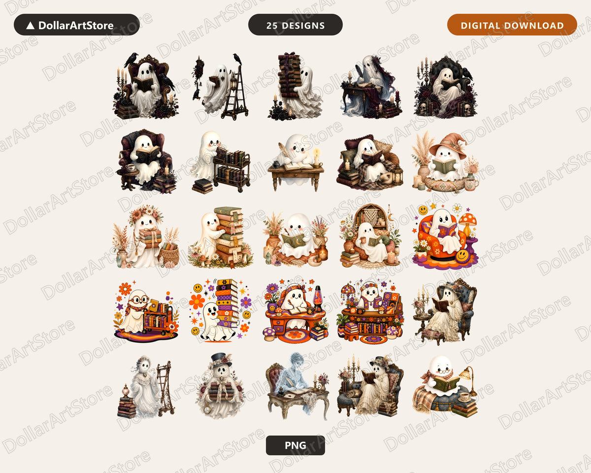 25 Bookish Ghost PNG Bundle, Gothic Sublimation Designs, Shirt & Tumbler Prints