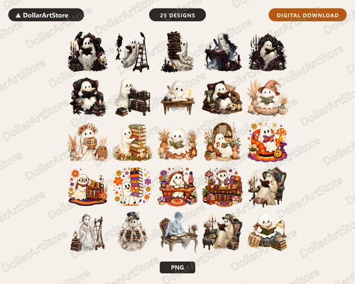 25 Bookish Ghost PNG Bundle, Gothic Sublimation Designs, Shirt & Tumbler Prints