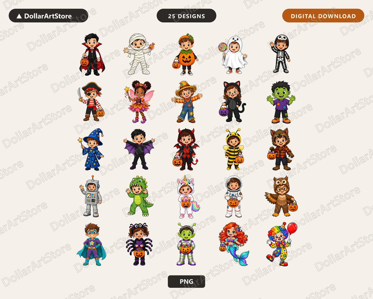 25 Halloween Costume Kids PNG Bundle, Sublimation Designs, Instant Digital Download