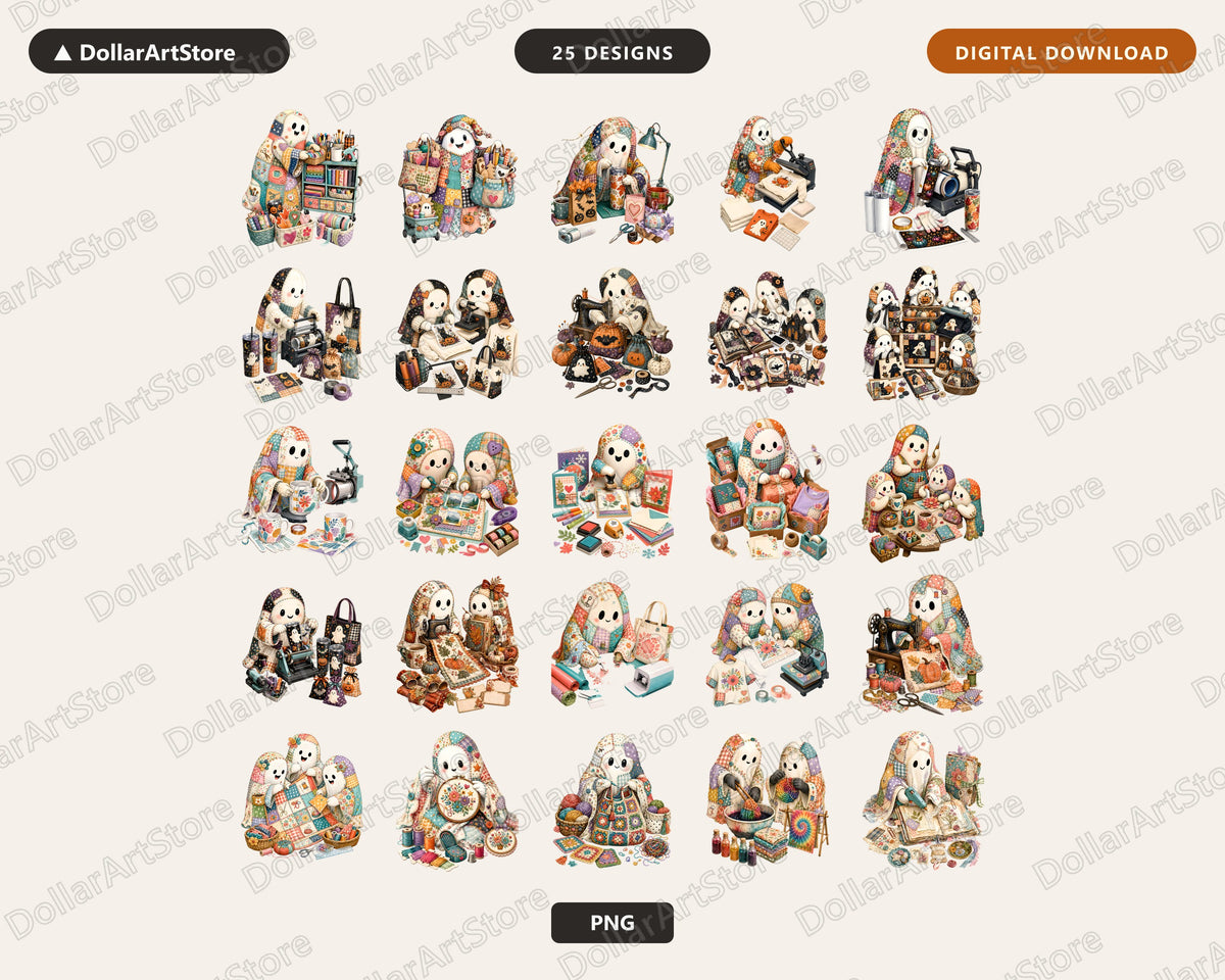 25 Crafting Ghost PNG Bundle, Sublimation Designs, Print-on-Demand