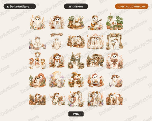 25 Boho Ghost PNG Bundle, Sublimation Designs, Fall Shirt & Tumbler Pack