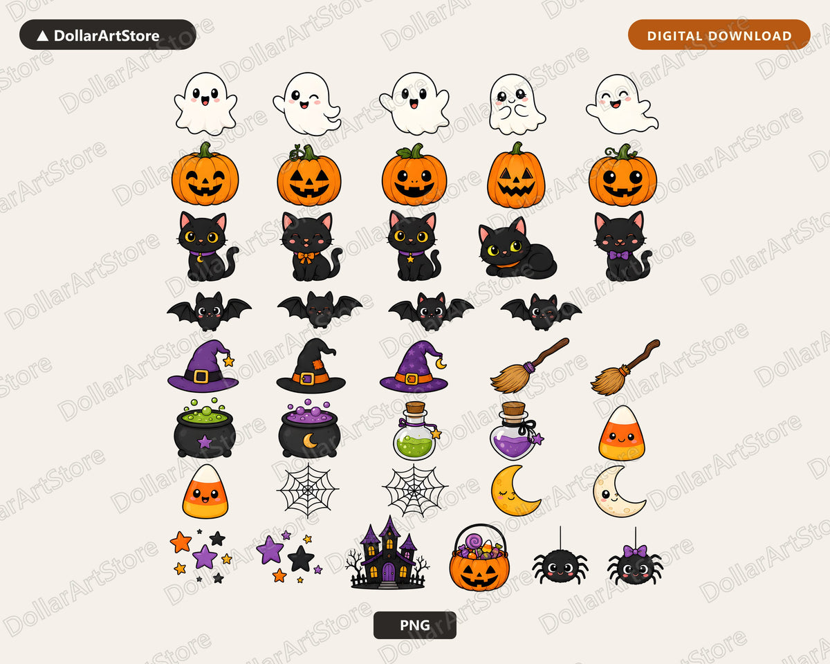 Halloween Clipart PNG Bundle, Cute Ghost Pumpkin Cat Witch Hat, Digital Download