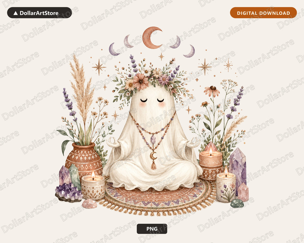 Boho Spiritual Ghost Clipart PNG, Watercolor Mystical Clip Art, Digital Download