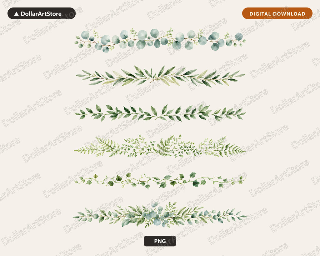 Watercolor Horizontal Divider Clipart PNG, Botanical Leaf Border Line Art, Digital Download