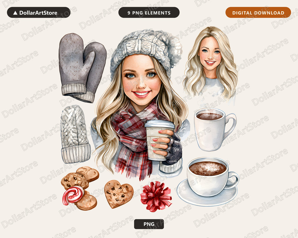 Winter Woman Clipart PNG, Cozy Fashion Clip Art, Hot Chocolate Accessories Digital Download