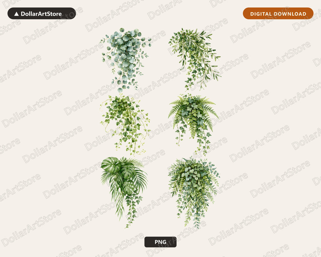 Cascading Greenery Clipart PNG, Hanging Plants Clip Art, Watercolor Botanical Download