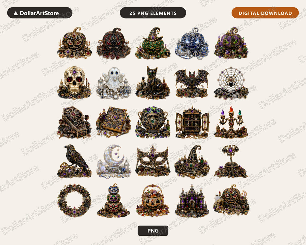 Steampunk Halloween Clipart PNG Bundle, Gothic Ornate Clipart, Digital Download