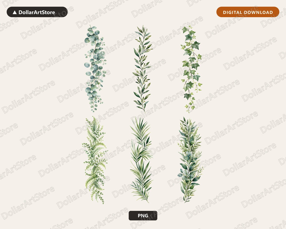 Watercolor Botanical Borders Clipart PNG, Vertical Plant Leaf Clip Art