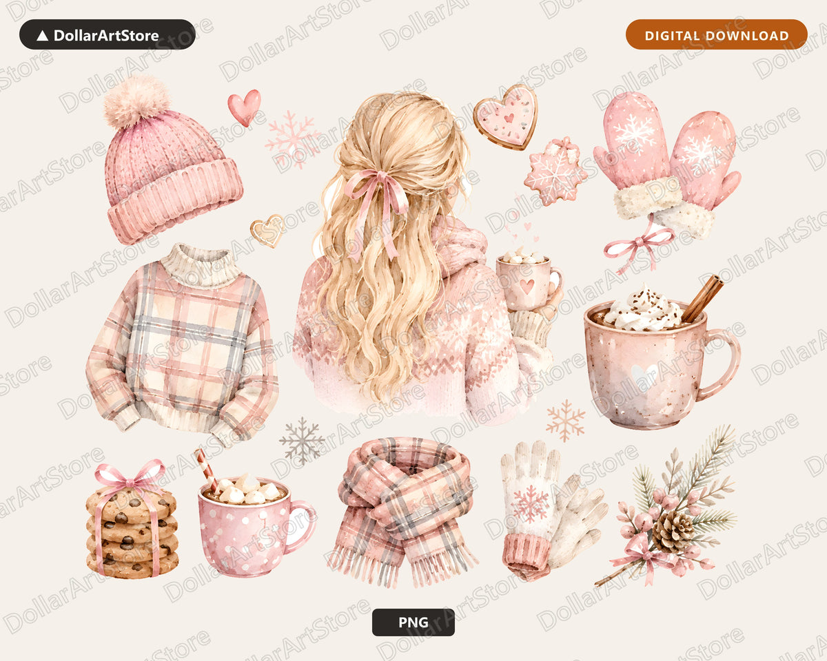 Winter Girl Clipart PNG, Cozy Holiday Clip Art, Watercolor Christmas Graphics Digital Download