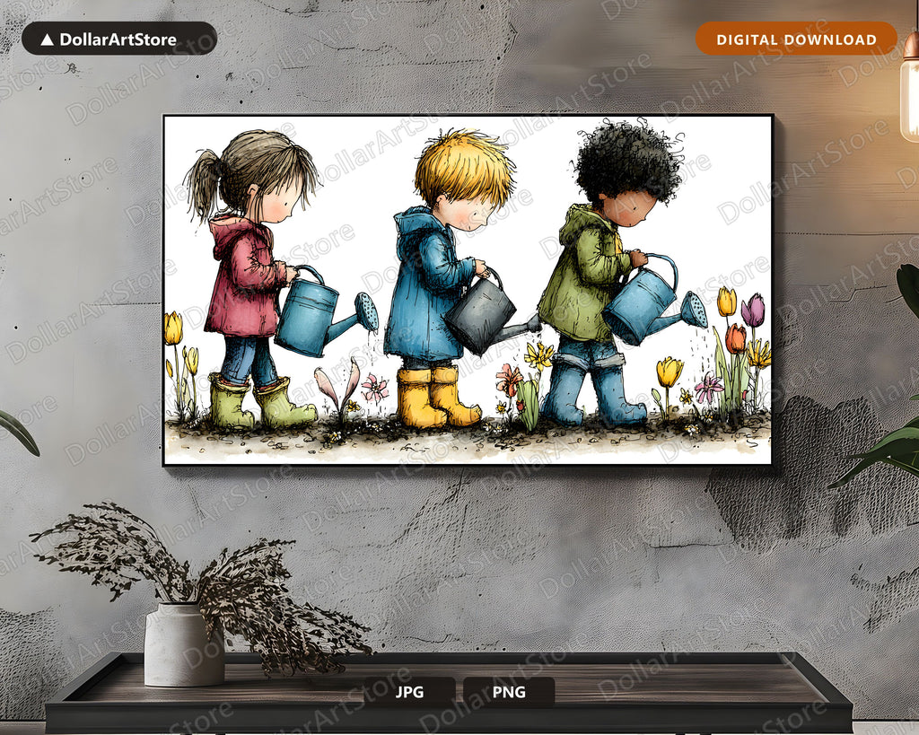 Cute Kids Gardening Frame TV Art, Samsung Frame TV Digital Download, Whimsical 4K TV Screensaver
