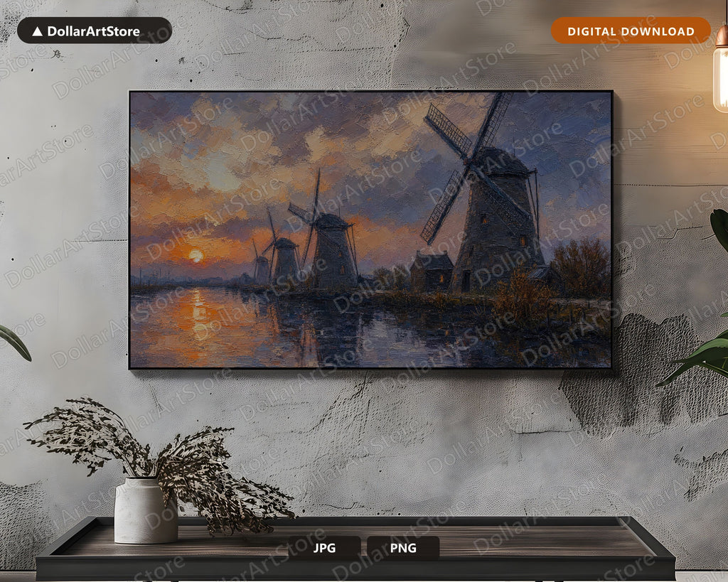 Cozy Windmill Landscape Frame TV Art, Textured Scenery Samsung TV Download, 4K Digital Artwork