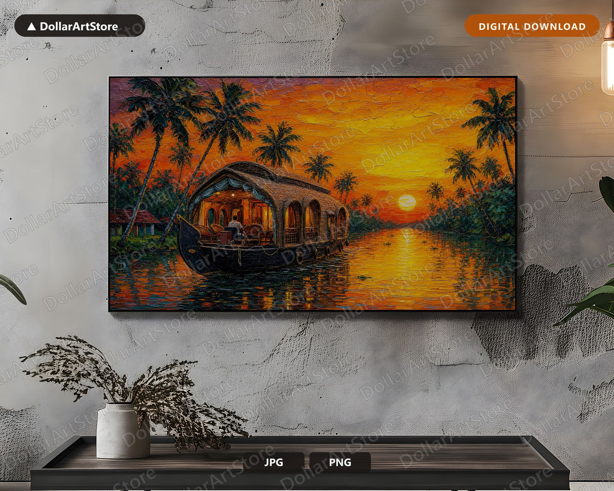 Cozy Tropical Houseboat Frame TV Art, Samsung Frame TV Screensaver, 4K Scenic Sunset Digital Download