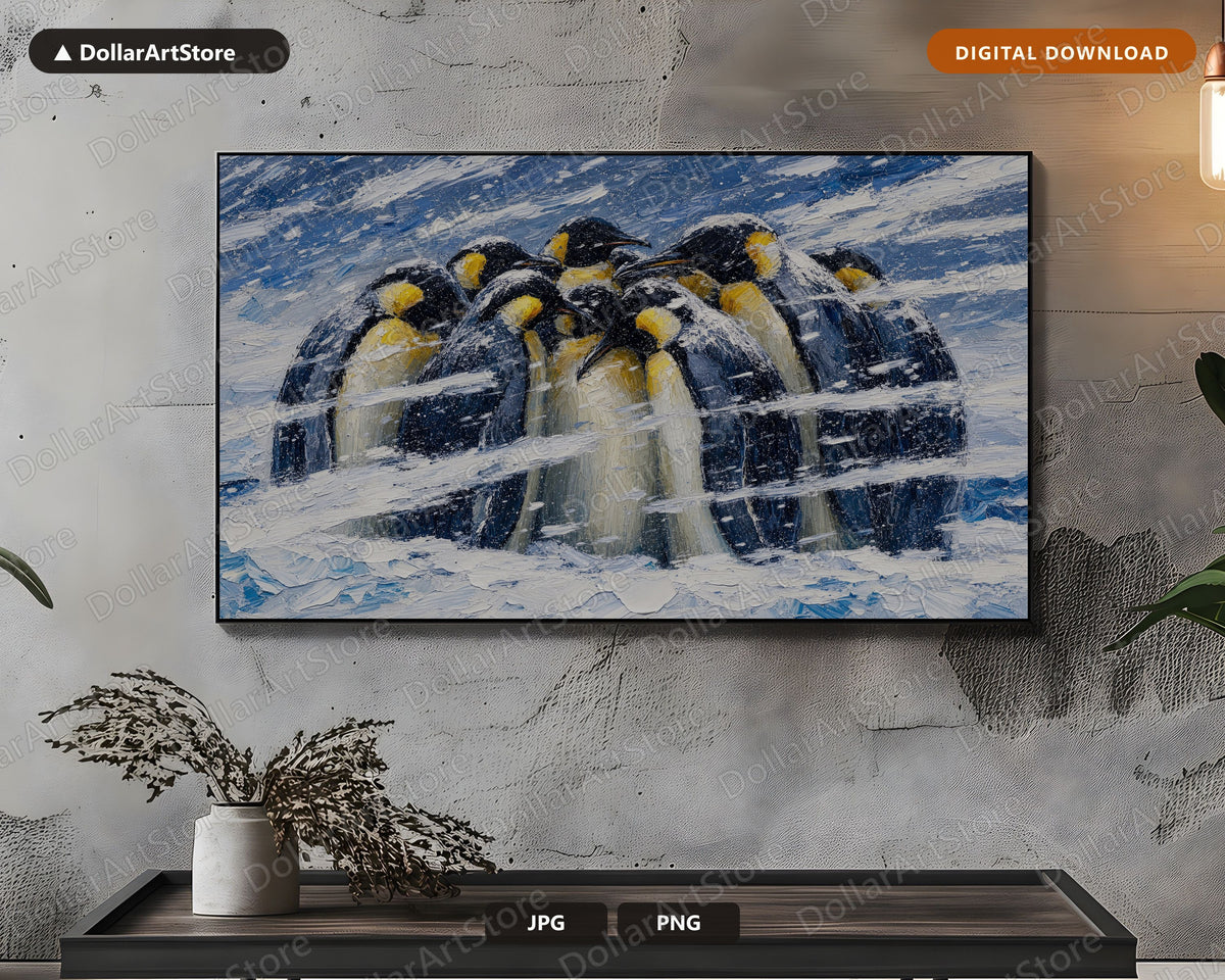 Cozy Arctic Penguins Winter Textured Frame TV Art