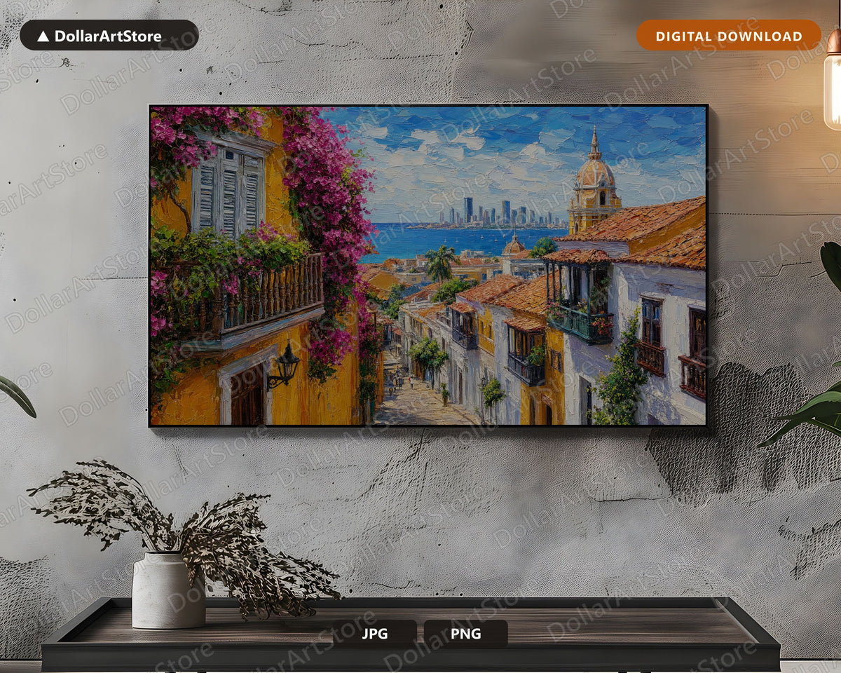 Vibrant Colonial Street Frame TV Art, Samsung Frame TV Digital Download, 4K Textured Coastal Screensaver