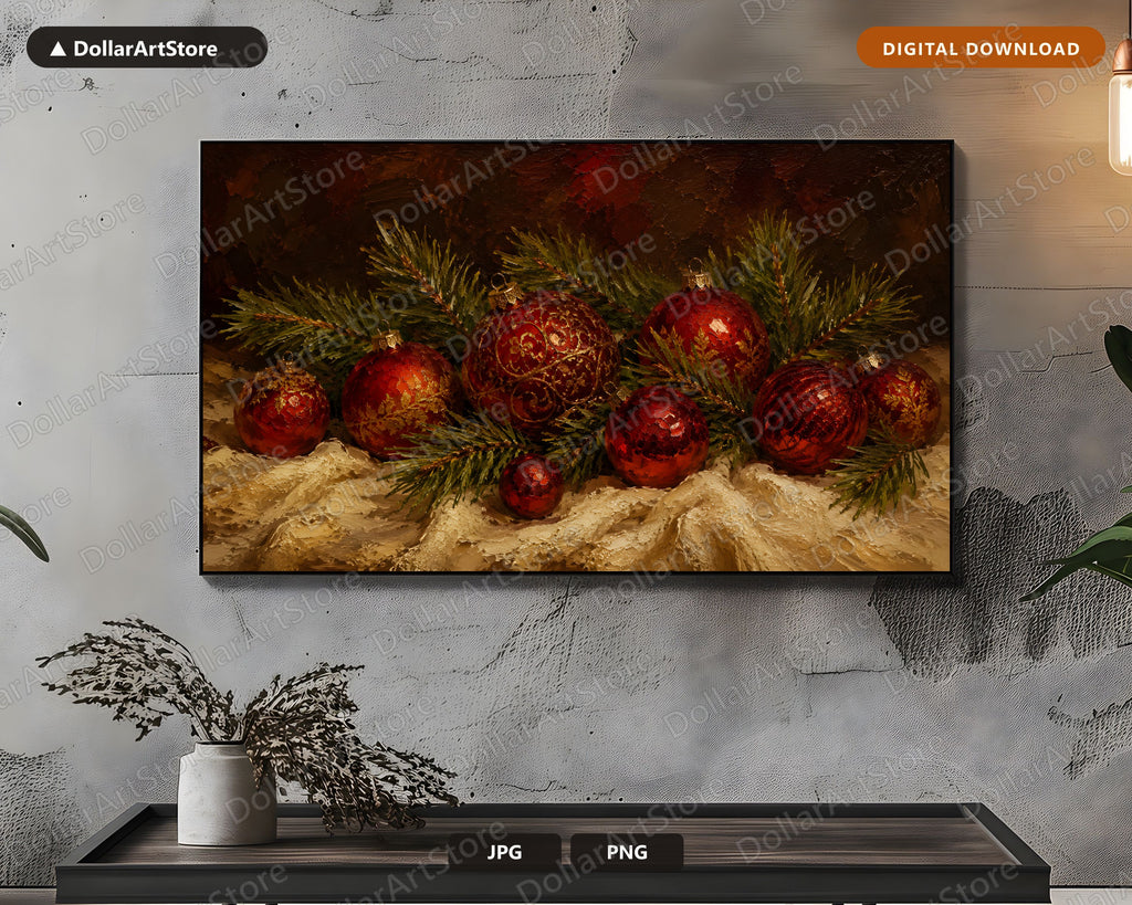 Cozy Holiday Frame TV Art, Red & Gold Christmas Ornaments, Samsung Frame TV 4K Digital Download
