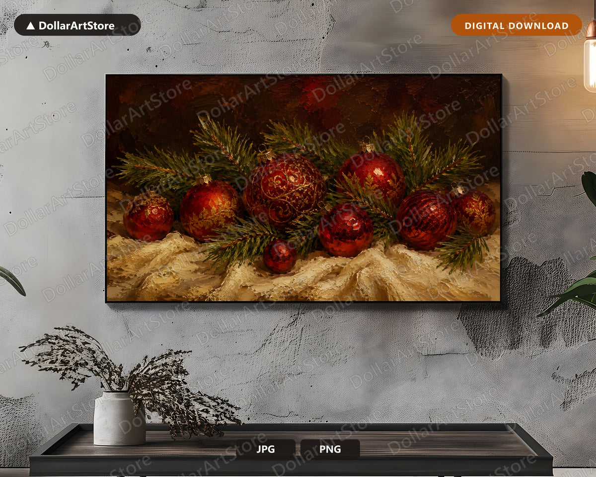 Cozy Holiday Frame TV Art, Red & Gold Christmas Ornaments, Samsung Frame TV 4K Digital Download