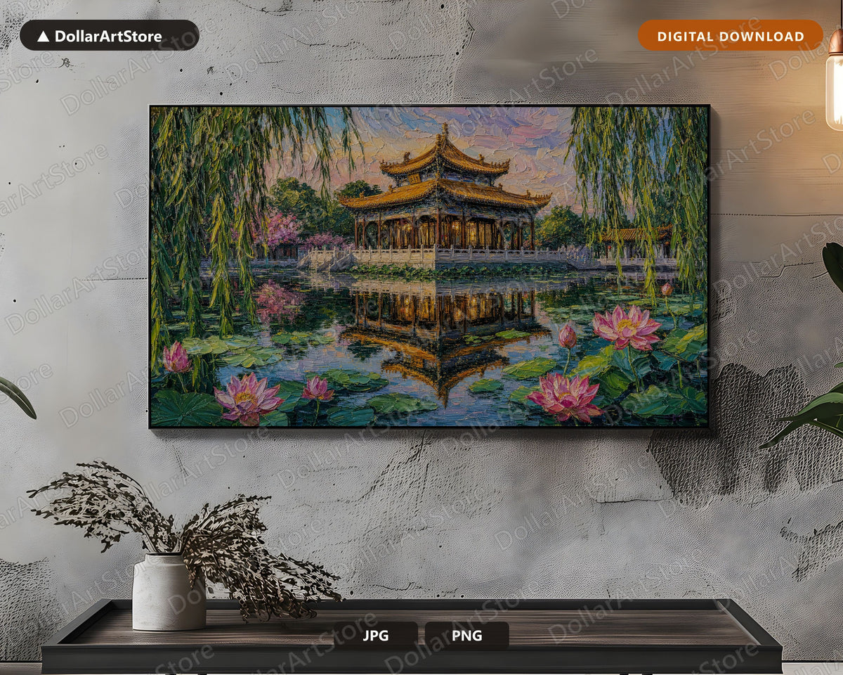 Cozy Asian Pagoda Frame TV Art, Samsung Frame TV Digital Download, 4K Textured Landscape Screensaver