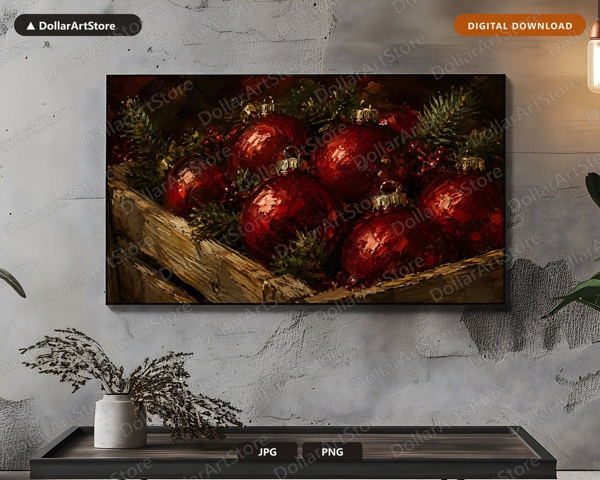 Cozy Holiday Frame TV Art, Red Christmas Ornaments 4K Samsung TV Screensaver