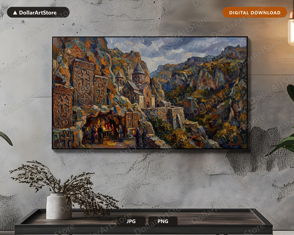Cozy Monastery Frame TV Art, Armenian Cave Church Landscape, Samsung Frame TV Digital Download, 4K Textured Scenery Art