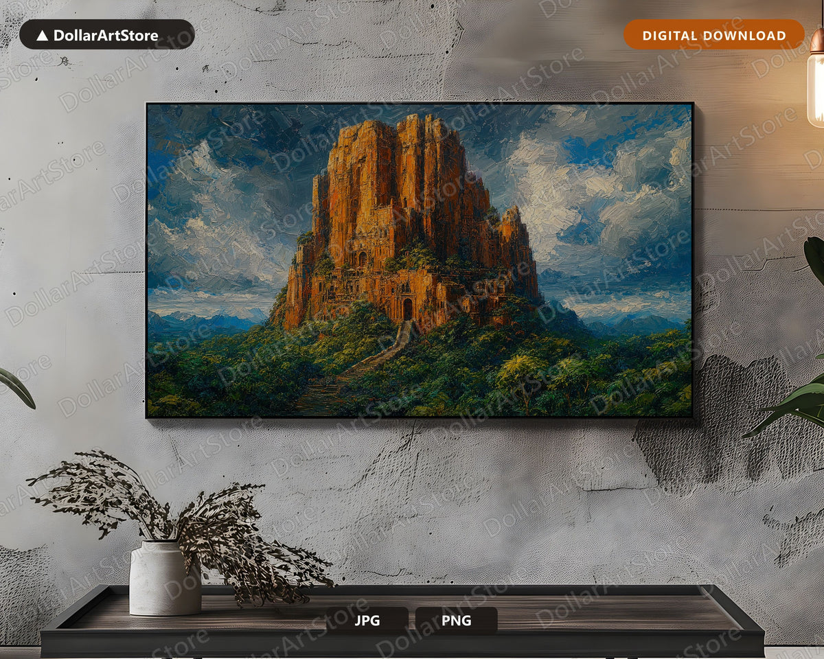 Cozy Ancient Fort Frame TV Art, Samsung Frame TV Digital Download, 4K Textured Landscape Screensaver