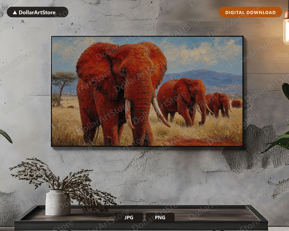 Cozy Textured Elephant Herd Frame TV Art, Samsung Frame TV Digital Download, 4K African Scenery