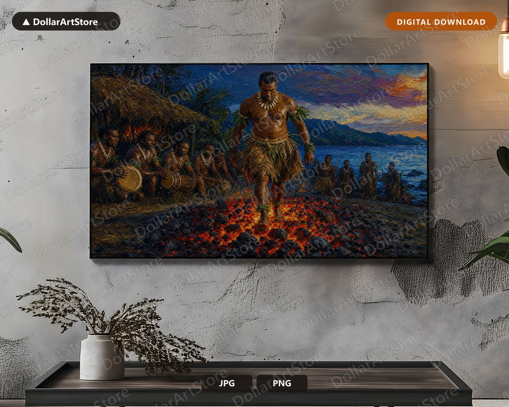 Intense Textured Frame TV Art, Fiji Fire-Walking Ceremony, Samsung Frame TV Digital Download 4K