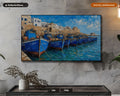 Cozy Coastal Frame TV Art, Blue Fishing Boats Scenery, Samsung Frame TV Digital Download 4K