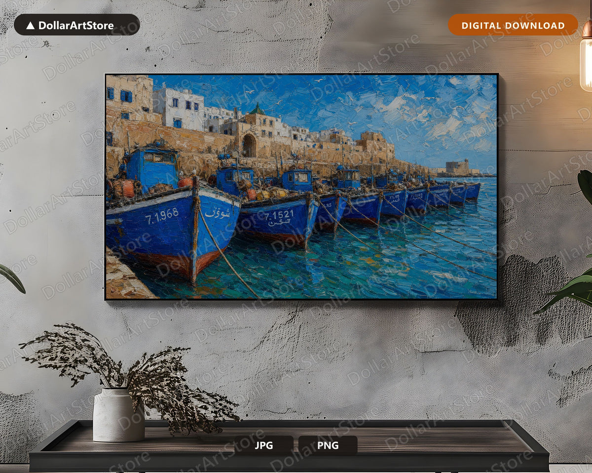 Cozy Coastal Frame TV Art, Blue Fishing Boats Scenery, Samsung Frame TV Digital Download 4K