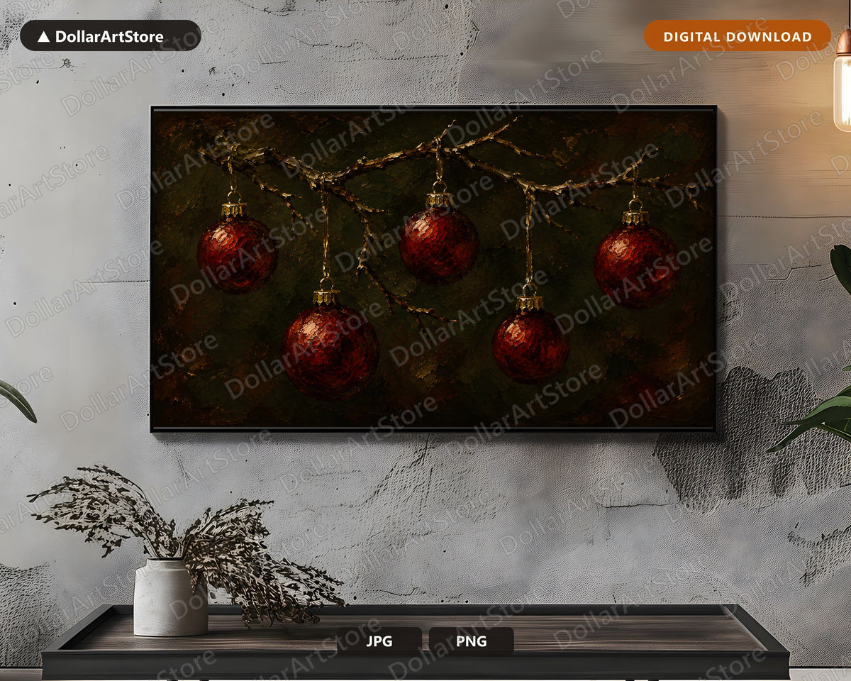 Cozy Holiday Frame TV Art, Red Ornaments Christmas Samsung Frame TV Digital Download 4K