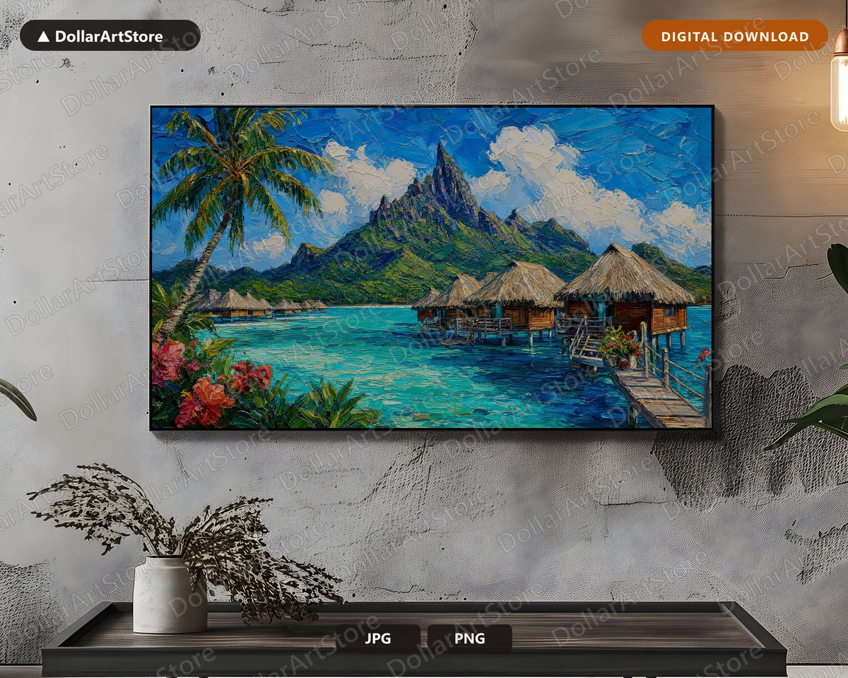 Tropical Overwater Bungalows Frame TV Art, Cozy Island Scenery Samsung TV Download, 4K Landscape Screensaver