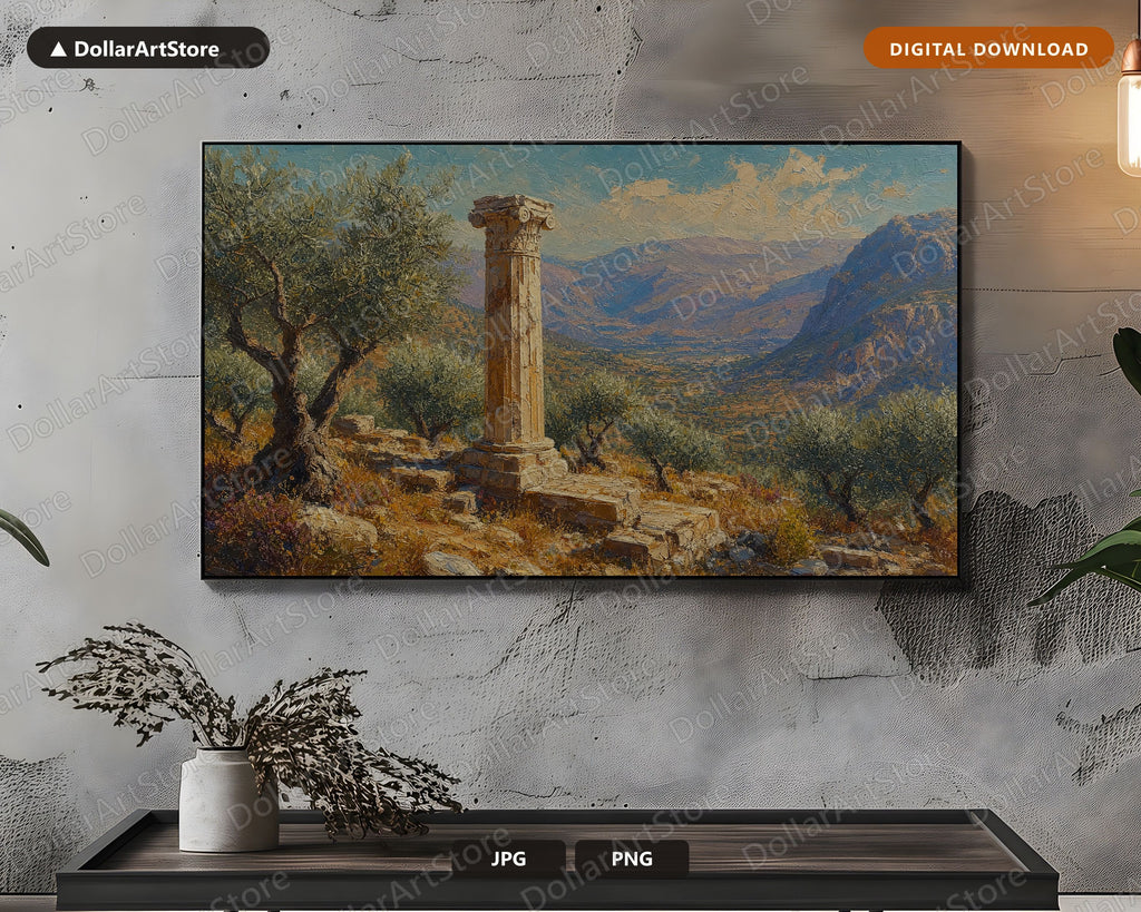 Cozy Scenic Frame TV Art, Ancient Greek Temple Ruins, Samsung Frame TV Digital Download, 4K Textured Landscape Screensaver