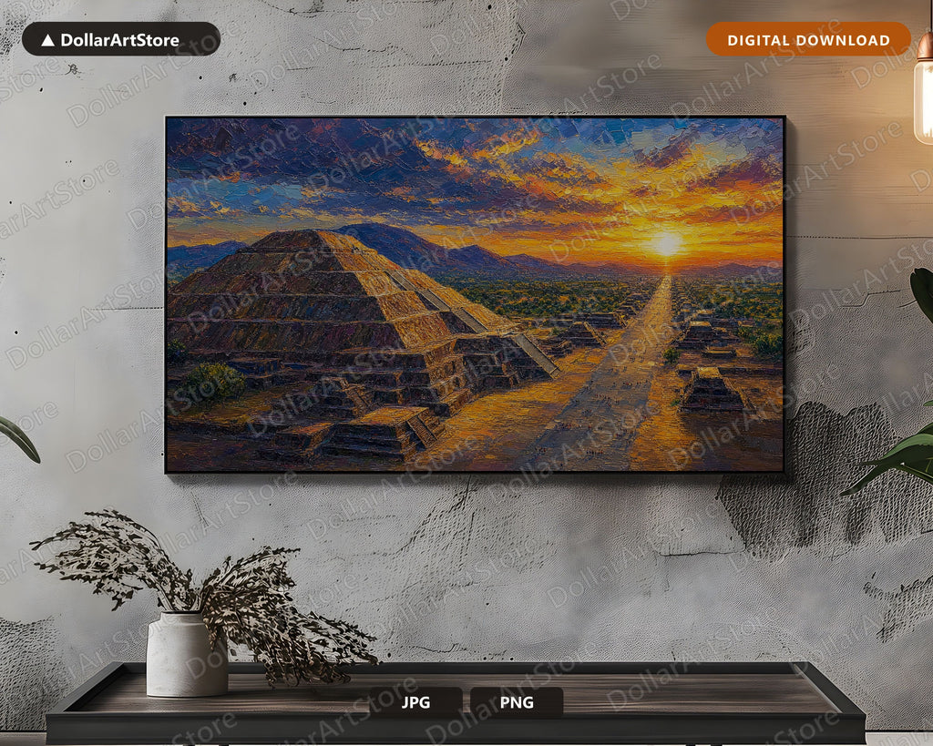 Cozy Textured Landscape Frame TV Art, Sunset Pyramids Samsung TV Digital Download, 4K Scenery Screensaver